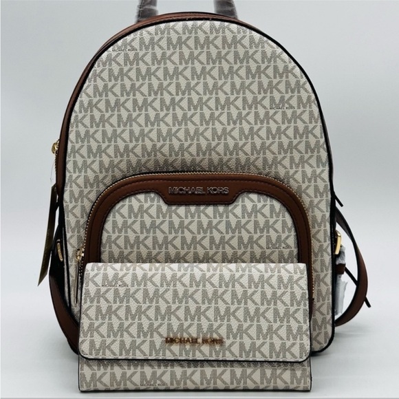 Michael Kors Medium Jaycee Zip Packet Backpack & Trifold Wallet Vanilla/Brown